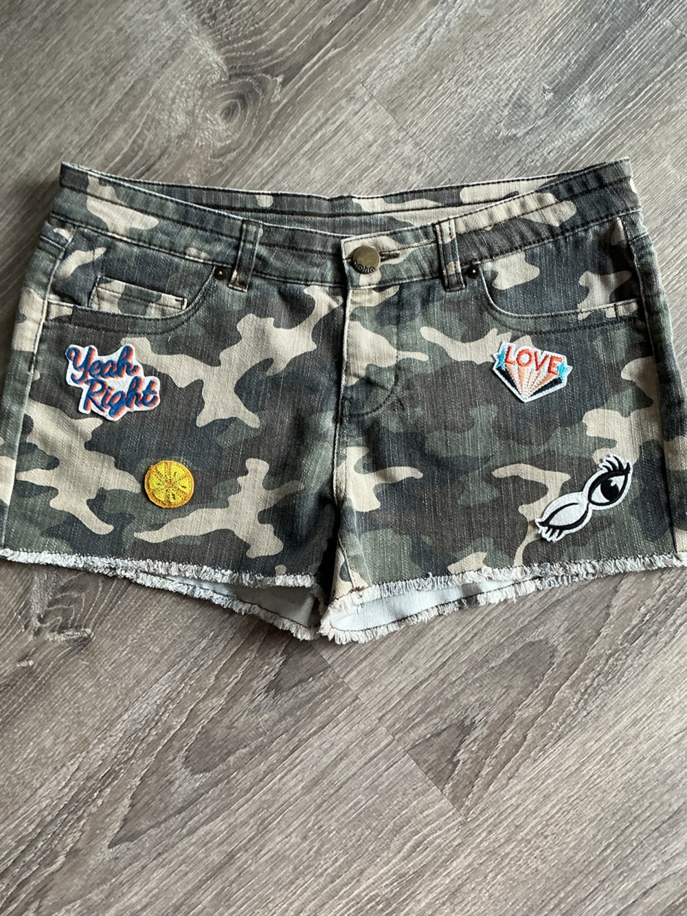 No Boundaries Camouflage Patch Jean Shorts - Olive Green